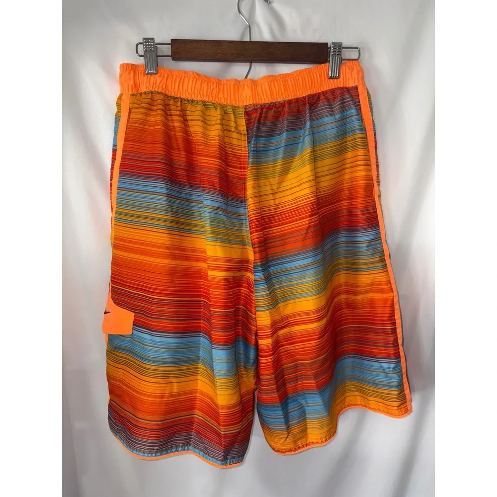 Nike Mens Orange Striped Swim Trunks Board Shorts Mesh Lined NESS5380 Large